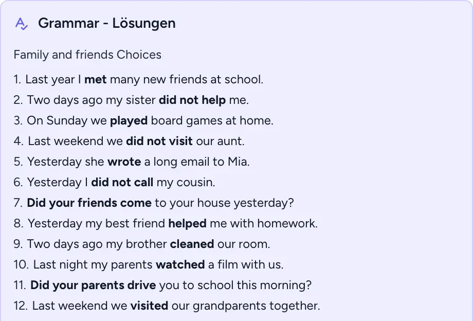 Ausschnitt aus dem passenden Lösungsblatt: dieselben Sätze mit den richtigen Formen, etwa „Last year I met many new friends at school.“